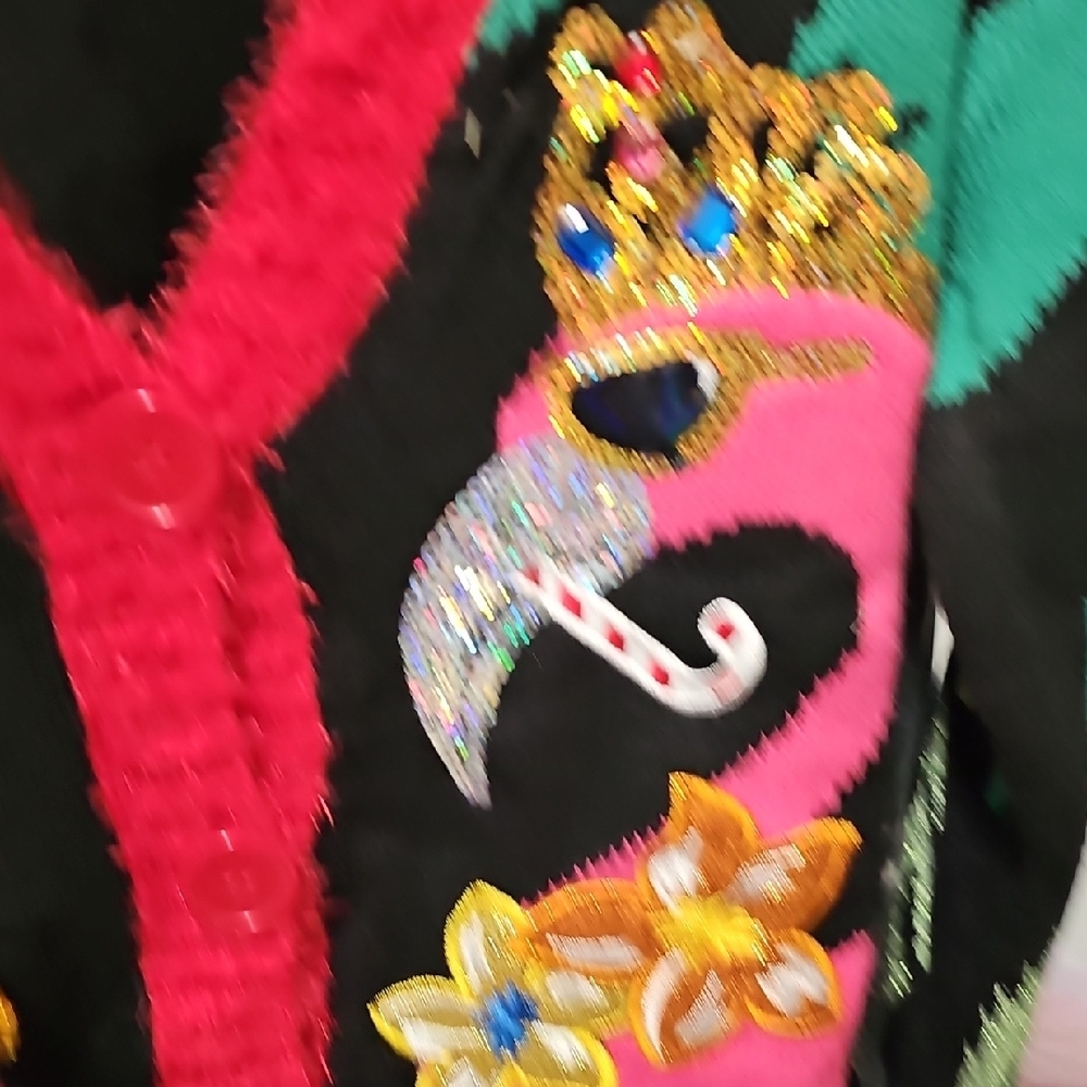 Nwt Christmas Flamingo Cardigan with Pom Poms - Picture 5 of 6